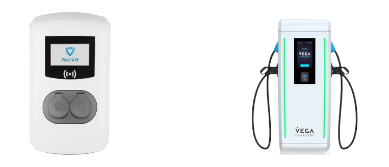 Carregadores para veículos elétricos, recomendados para superfícies comerciais (AC, à esquerda, DC, à direita)